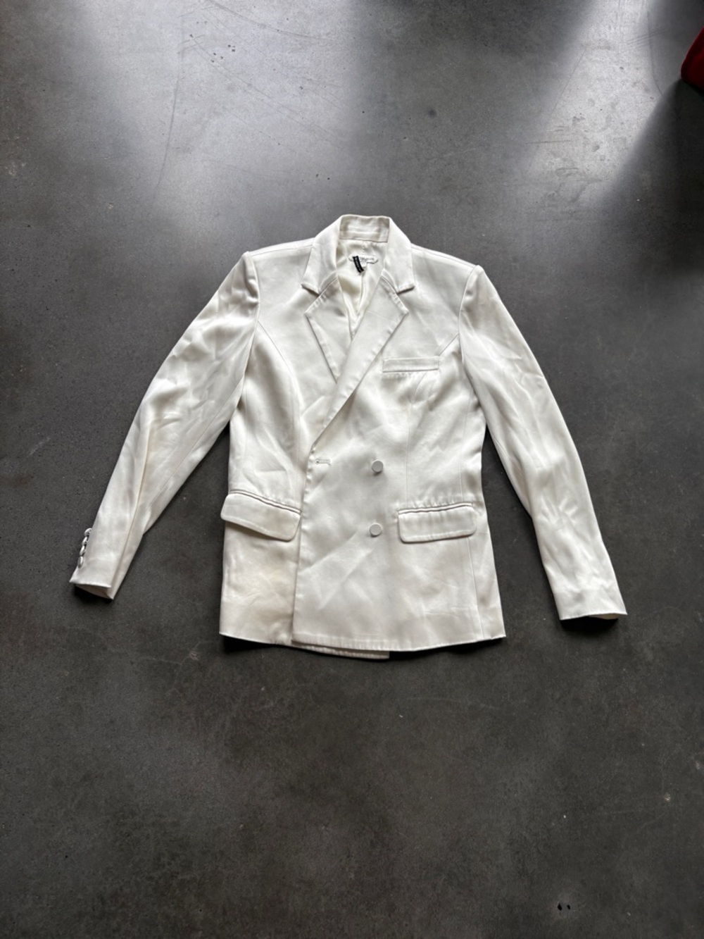 Double-Breasted White Satin Blazer